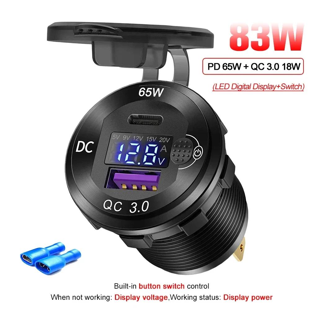 

Автомобильное зарядное устройство PD 83 Вт 12-24 В USB-выход для ноутбука USB-C PD 65 Вт и порт USB QC3.0 гнездо с LED вольтметром переключатель для мотоцикла автомобиля дома на колесах