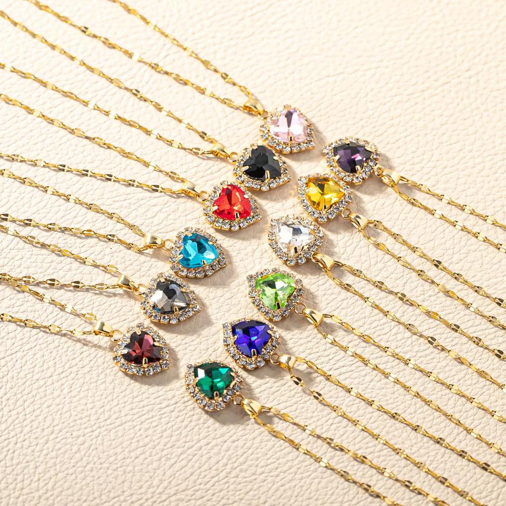 Stainless Steel Chain Classic Shiny Colorful Zircon Love Heart Pendant Necklace for Women Cute Simple Jewelry Accessories Gifts
