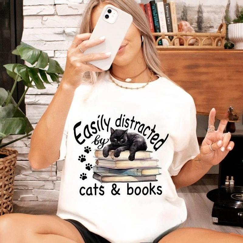 

Cat Reading Design T-shirt, Women s and Girls Sizes, A Perfect Gift for Book Lovers and Cat Owners A Summer Book-themed T-shirt S