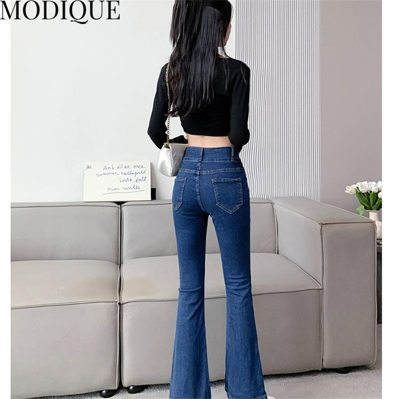 MODIQUE Autumn Plus Size New Women Bell-Bottoms Basics Elastic Pants Full Length Lady High Waisted Casual Long Jeans Female Denim   Trousers