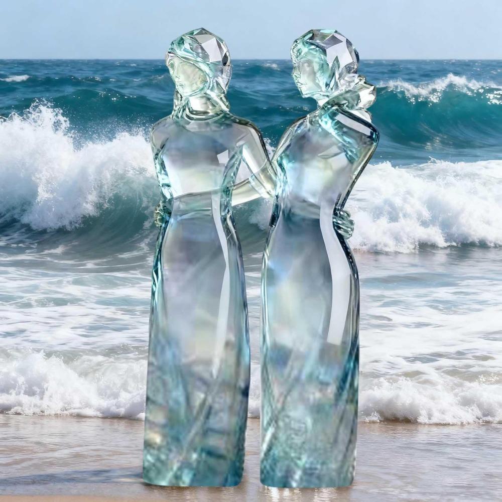 Imitation Wood-carved Three Sisters Figurine Two/Three/Four Sisters Resin Friendship Sculpture Ocean-Blue Gradient Hand-painted