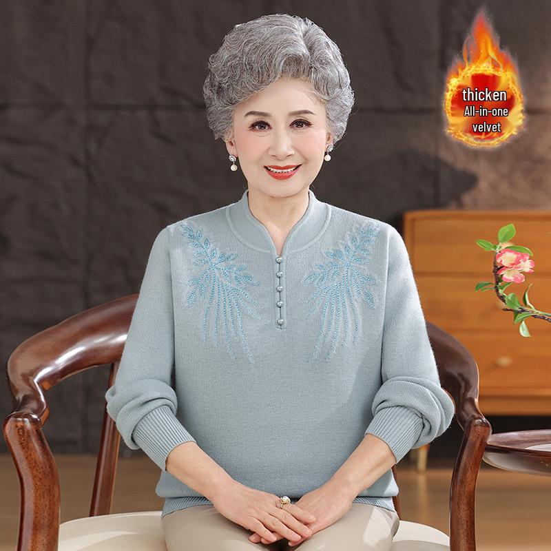 Cozy Winter Sweater for Elderly Women: Velvet-Lined, Half-High Collar, Stylish Base Layer for Autumn.