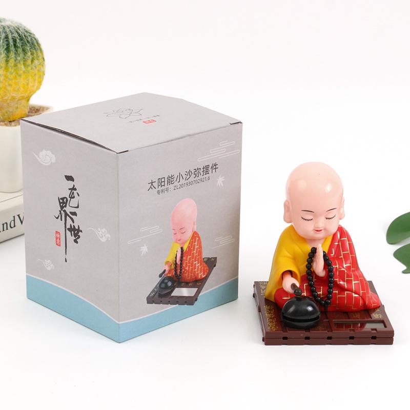 Online Solar-Powered Wooden Little Monk Car Figurine - Buddha Decoration