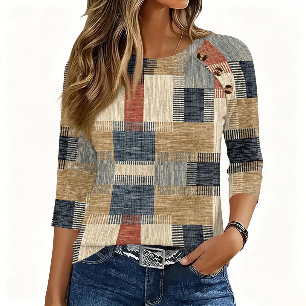 Women 34 Sleeve Crew Neck Button Decor Top Geometric Pattern Casual Loose Fit Blouse for Daily Wear Office Travel