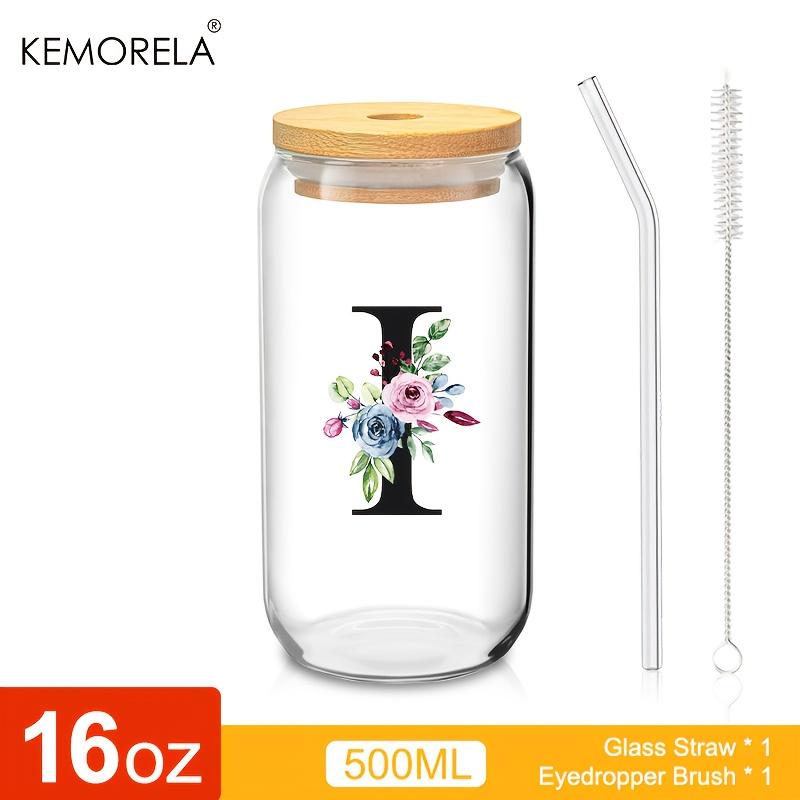 1 STÜCK 24 Buchstaben Glas Trinkbecher mit Bambusdeckel Strohhalm Individuelle Eiskaffeetasse 470ML Klares Mason Jar Bier Smoothie Cocktail