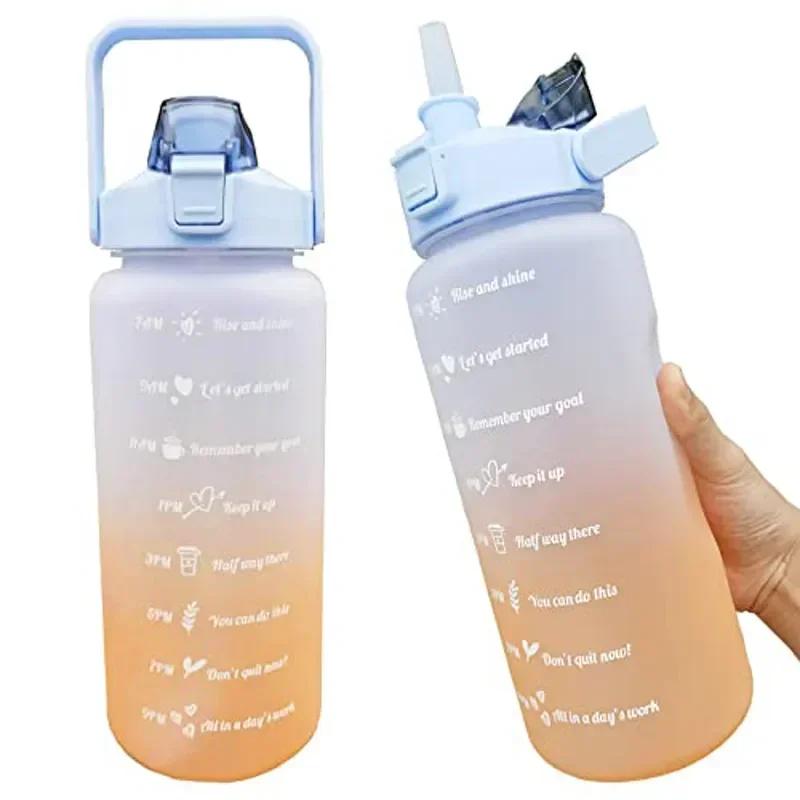 2L Large Capacity Plastic Water Bottle Time Scale Label Sticker Space Cup Spring Cap Painted Gradient Color Water Cup