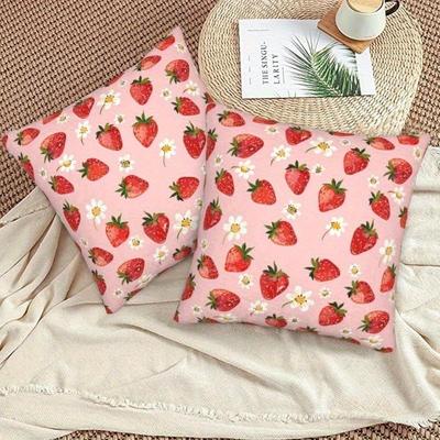 1Pc Strawberry & Daisy Pillow Cover, 2D Double-Sided Polyester Cushion Case, Pink Pastoral Decor, Gift For Fruit & Floral Lovers