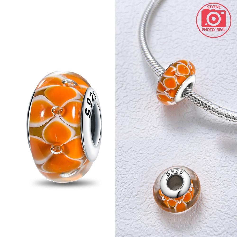 Pink Flowers Murano Original Glass Beads Copper Colors For Charms Copper Colors Original Bracelet For Jewelry Making