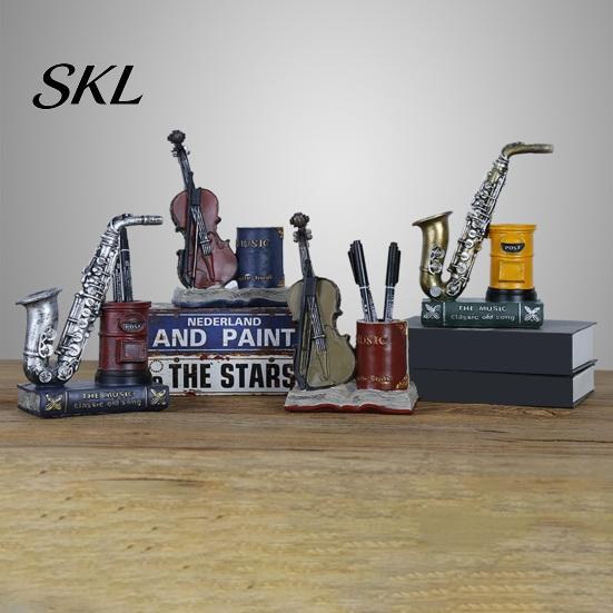 Retro Desk Decor Vintage Saxophone & Violin Pen Holder, Resin Musical Instrument Organizer, Weighted Artistic Organizer Base Pencil Stand for