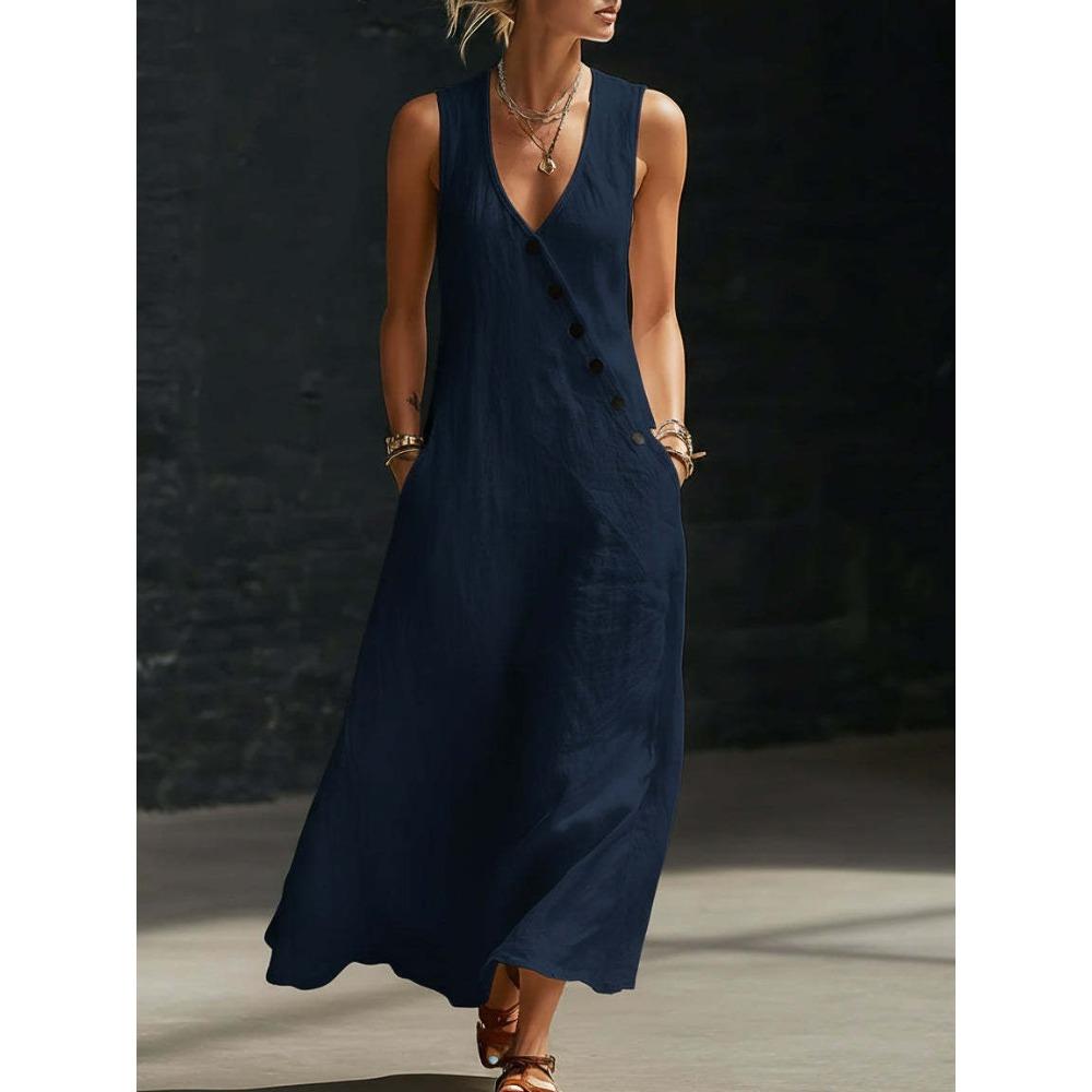 Frühling und Sommer TikTok Europäischer und Amerikanischer fauler Stil V-Ausschnitt Knöpfe Baumwolle und Leinen Langes Kleid Ärmelloses Weste Kleid Langes Kleid