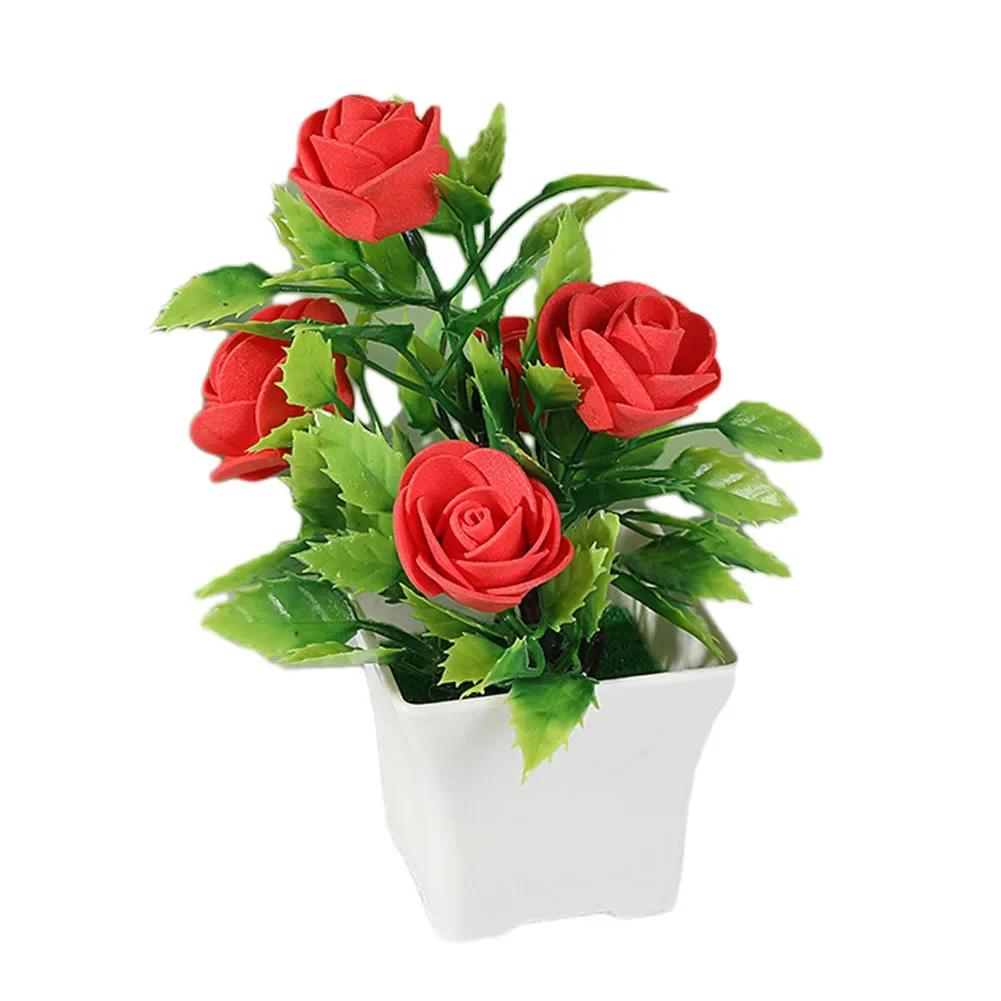 Simulated Potted Plant Artificial Rose Potted Plant Realistic Artificial Rose Bonsai Decor Set Vibrant Color For Home For Room