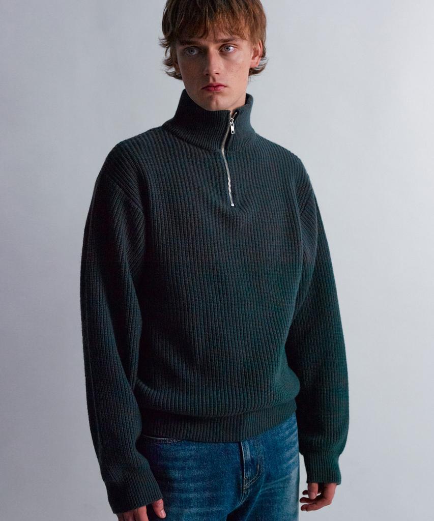 MOONSUN Essential_Unisex Mss Argyle Hole Half Zip Up Knit [Dark Green]