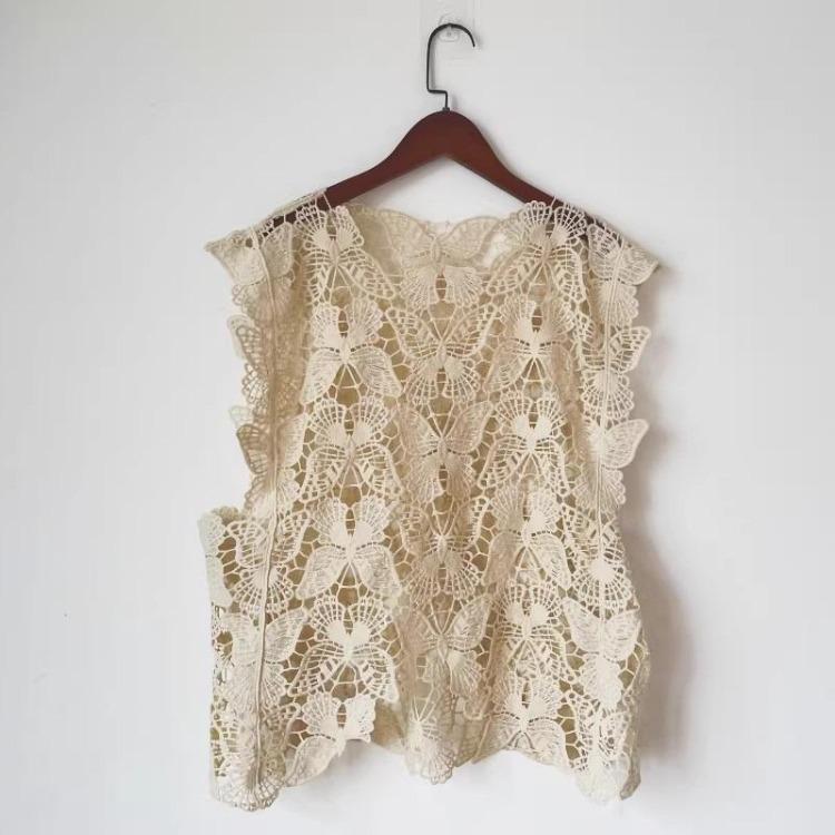 2024 New Women T-Shirt Dimanaf Lace Knitting Vest O-Neck Hollow Summer Style Loose Basic Tops Pink Tees