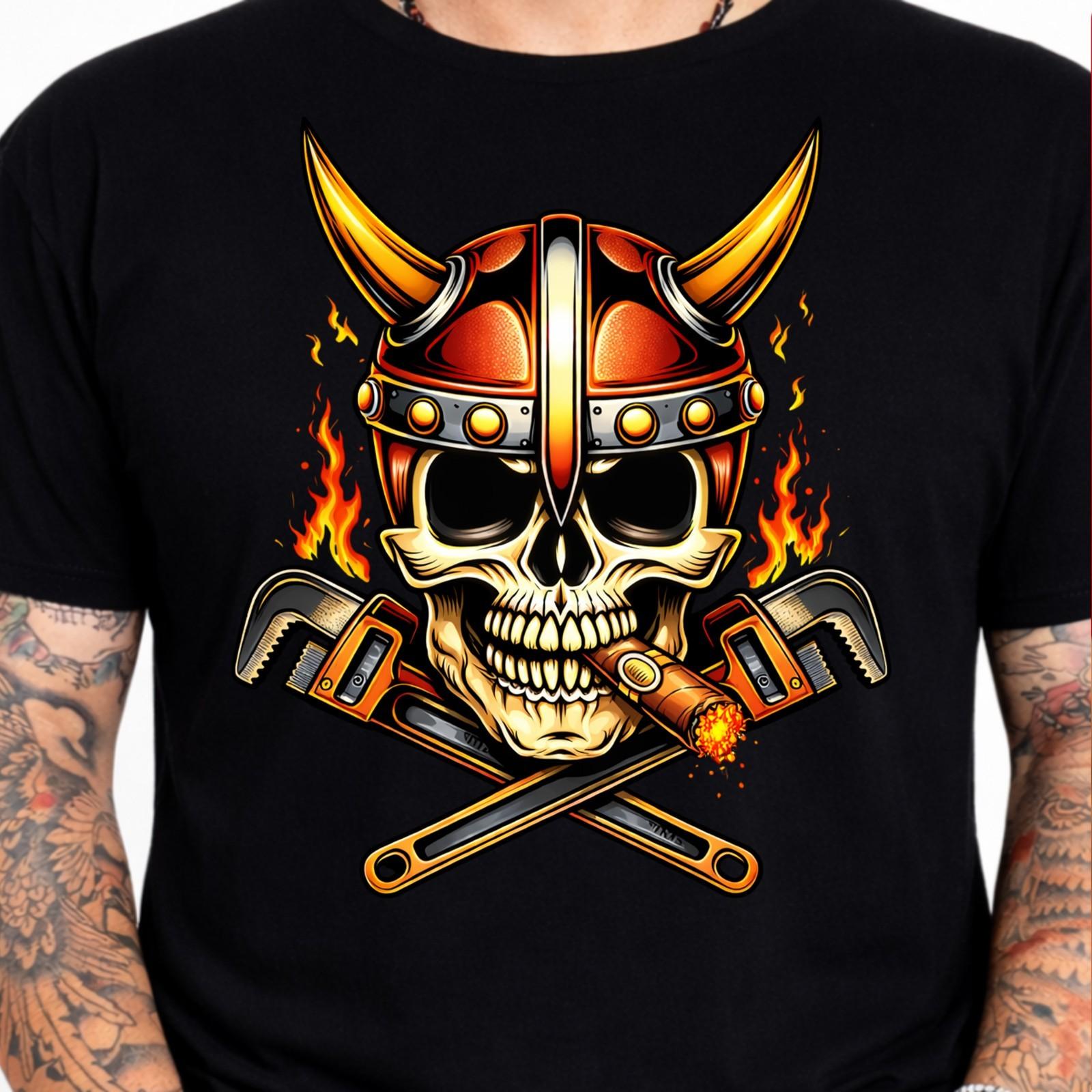Viking Skull Helmet T-Shirt Crossed Wrench Mechanic Biker Flaming Graphic Tee. M