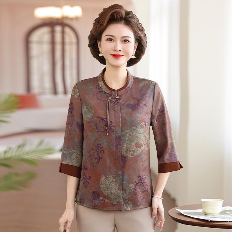Chinese Style Summer Loose Three-Quarter Sleeve Shirt for Middle-Aged and Elderly Women