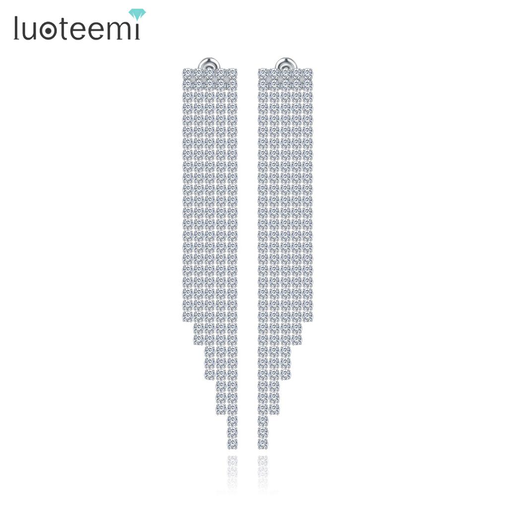 LUOTEEMI Luxury Cubic Zircon Sparking CZ Diamond Long Tassel Earrings Wedding Chandelier for Women