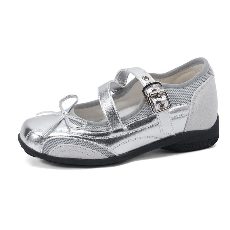 

Fashion 2025 New Women s Mary Janes Bow-knot Breathable Ballet Women Shoes Square-toe Non-slip female Loafers 43 серебряный
