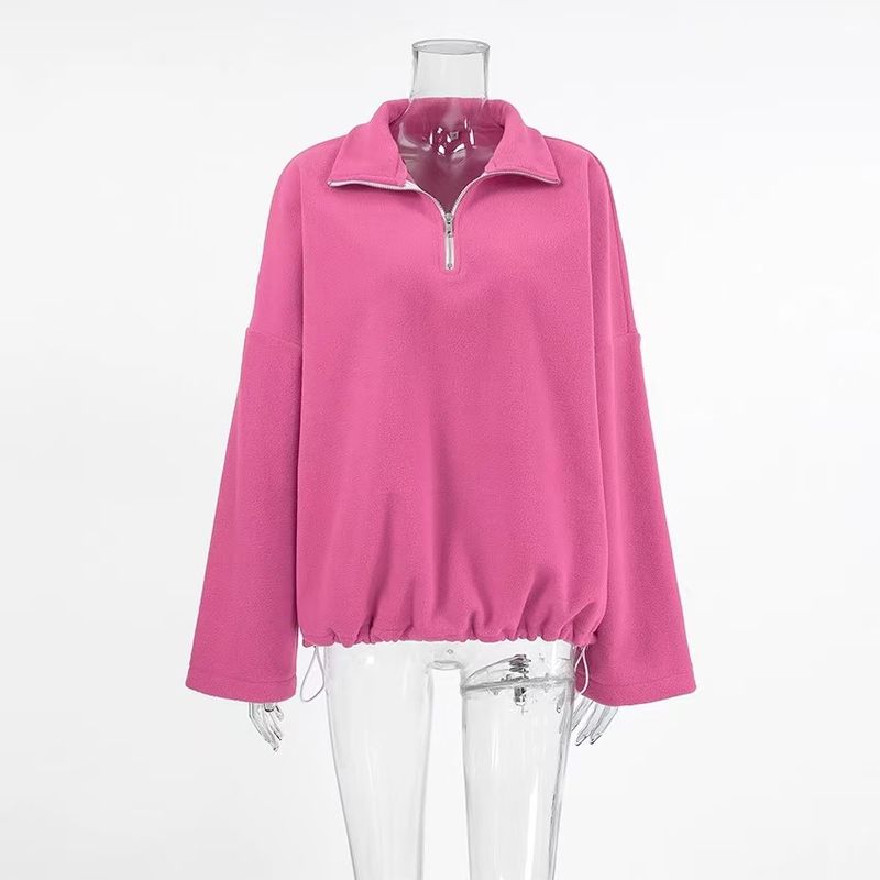 

Fashion Style Polar Fleece Pink Half Zipper Sweatshirt Loose Pullover Turn-down Collar Coat Half Zip Loose Top Pink M