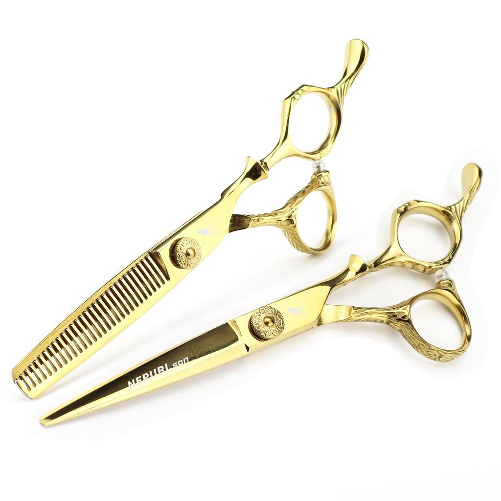 FZJ-38 Golden Bamboo Hairdressing Scissors Set: Straight, Serrated, Thinning for Salon.