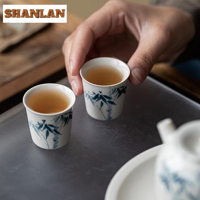 2pc/lot Hand Drawn Blue Bamboo Teacup Tea Bowl Beautiful Tea Cup Tea-tasting Smelling Cup Jianzhan Master Cups Mugs Teaset 25ml