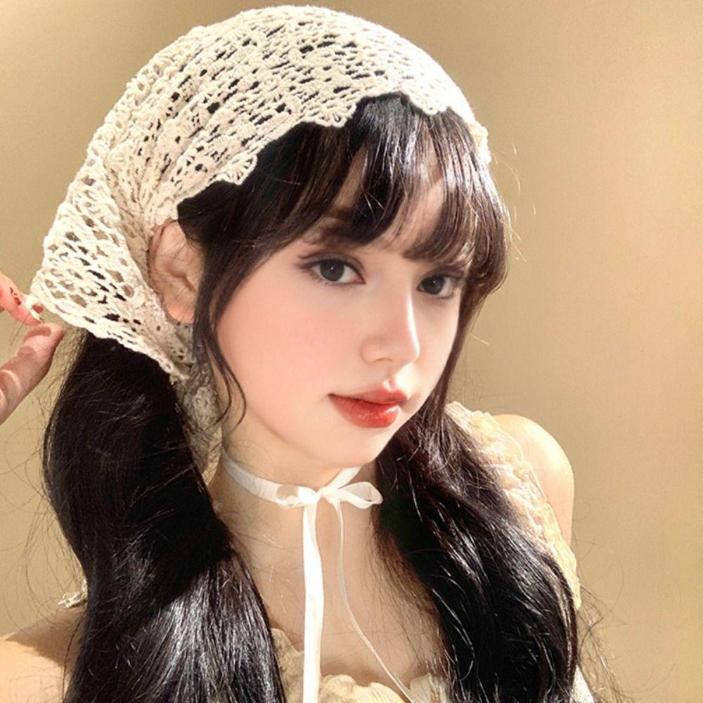 Sheer Mesh Floral Lace Scarf Hollow Design Crochet Headscarf Cute Beach Hair Band  Beach Outfits