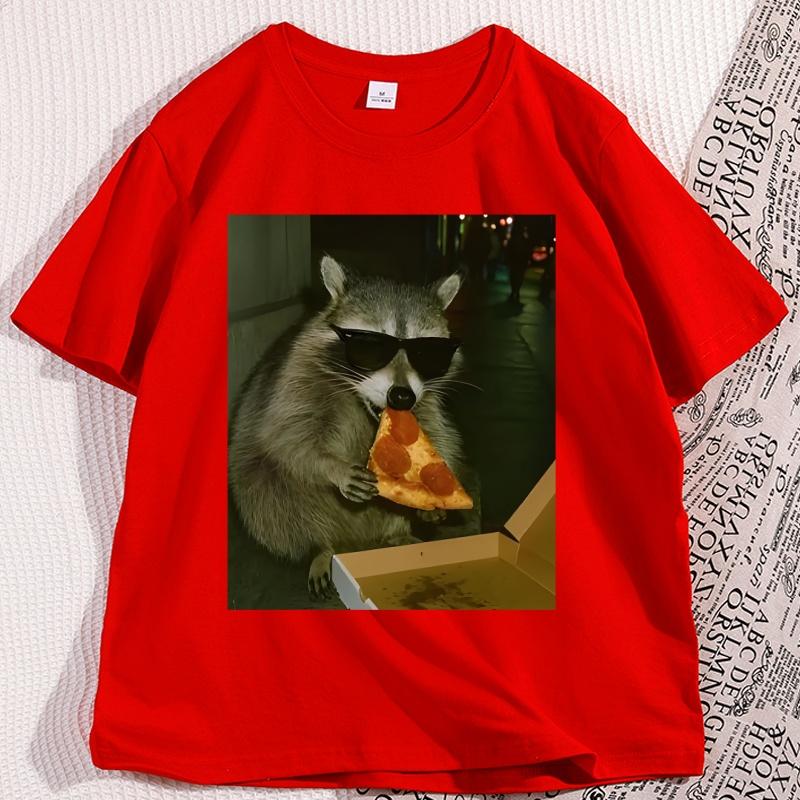 

Funny Raccoon Pizza TShirt Men Women Animal Meme Graphic Tee Cotton Short Sleeve Round Neck Tshirt Loose Man Clothes Tops S