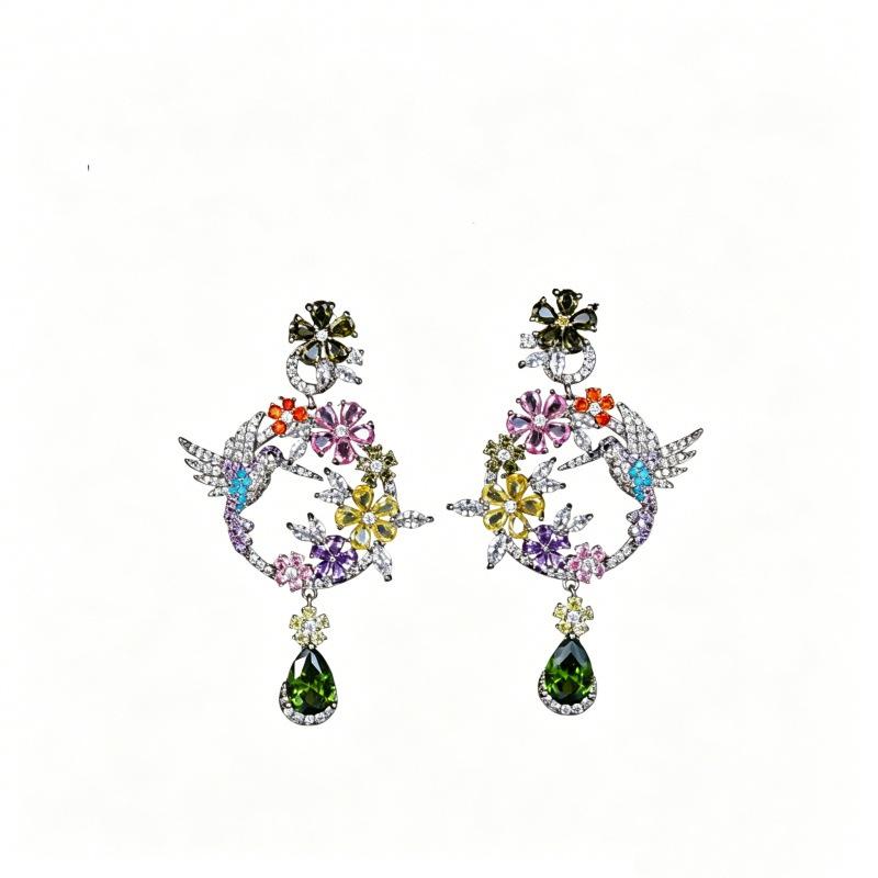 2026 Elegant S925 Zircon Long Dangle Earrings for Women - Light Luxury Floral Design Sterling Silver Ear Ornaments