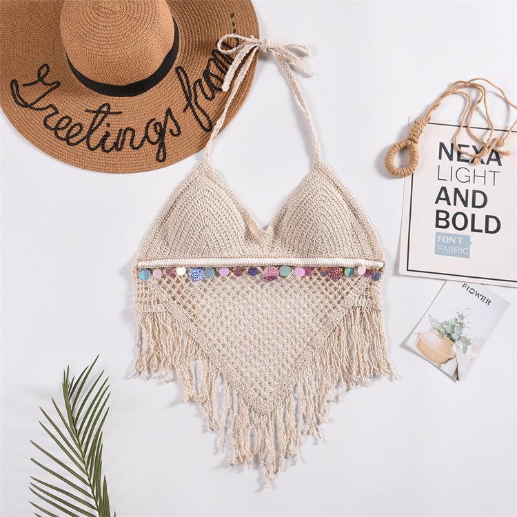 Lace-up Neck Small Vest, Sling Women's Summer Short Style with Chest Pad Inside, Backless Hollow Tube Top Embroidered Vest