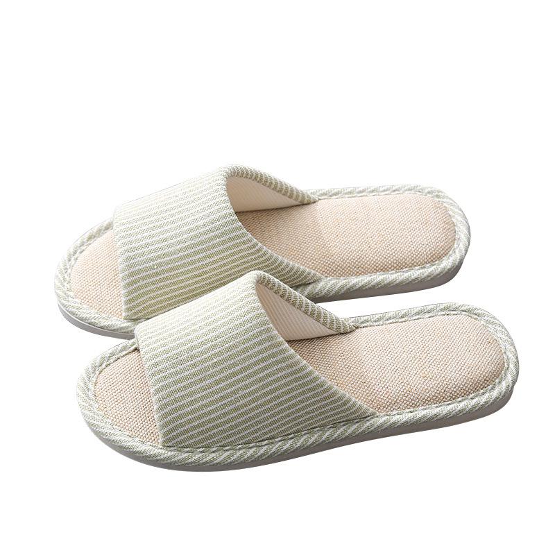 Slippers household women spring and autumn four seasons striped thick bottom non-slip men couple wooden floor linen cotton slippers summer