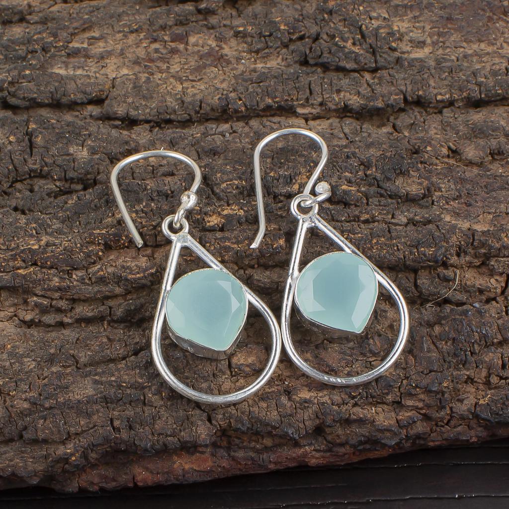 Aqua Chalcedony Silver Gemstone Jewelry, 925 Sterling Silver Earrings, Handmade Everyday Jewelry For Women