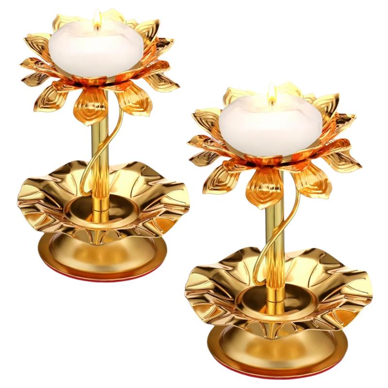 HHO-For Diwali Pooja Decorations 2 Pcs For Diwali Lotus Candle Holder Metal Diya For Diwali Ghee Lamp Candle Holder Indian Diyas