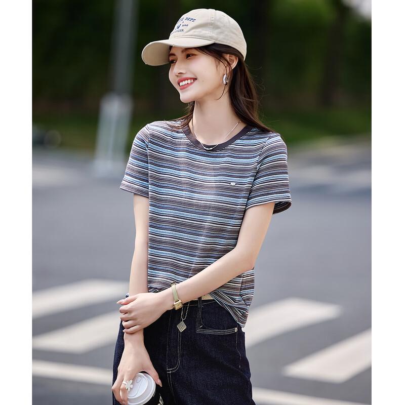 Women's Striped Color Block Round Neck T-Shirt