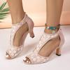 Outer Size Large Size European and American Style Fish Mouth Printed Sandals Summer New Middle Heel Fashion Women's Shoes Tea