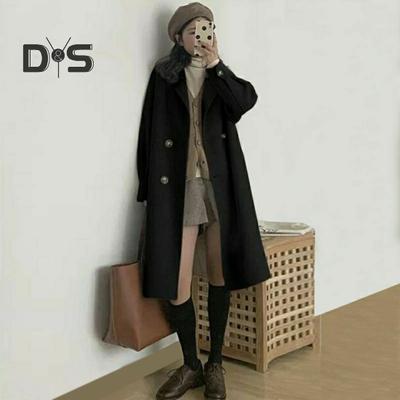 Women Winter Overcoat Turn-down Collar Pockets Solid Color Double-breasted Thickened Loose Fit Coat Thermal Long Sleeved Commuting Dating Spring Fall