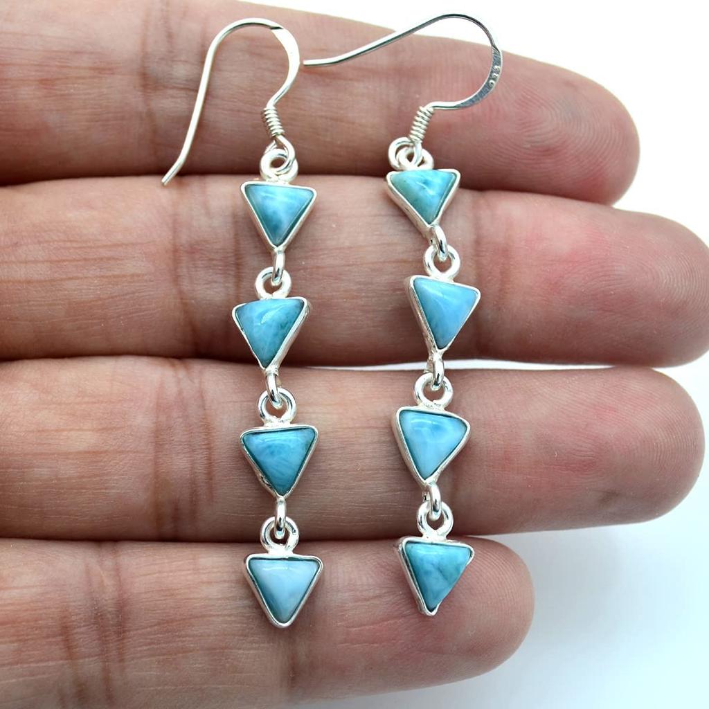 925 Sterlingsølv, Larimar øredobber, øredobber for kvinner, fødselsstensgave, Long Dangle, Sølvsmykker, forlovelsesgave