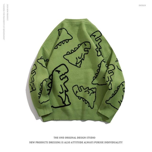 

Свитер для мужчин Harajuku модный вязаный хип-хоп уличная одежда пуловер с рисунком динозавра с круглым вырезом оверсайз повседневные мужские свитера для пар M зелёный