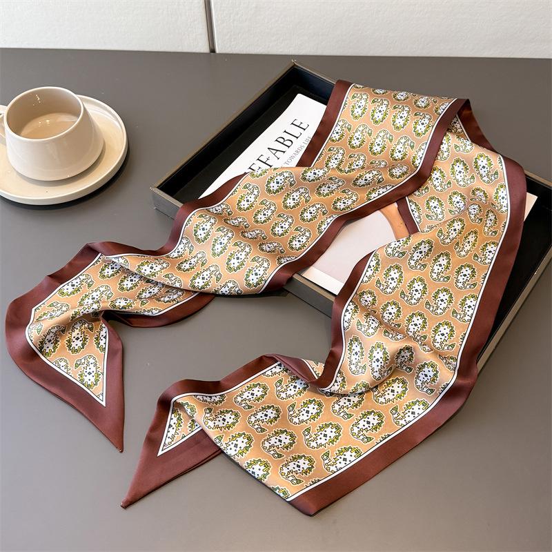 Women Silk Printed Design Scarf Shawl  Luxury Long Narrow Small Silk Scarves Ladies Headband Headscarve