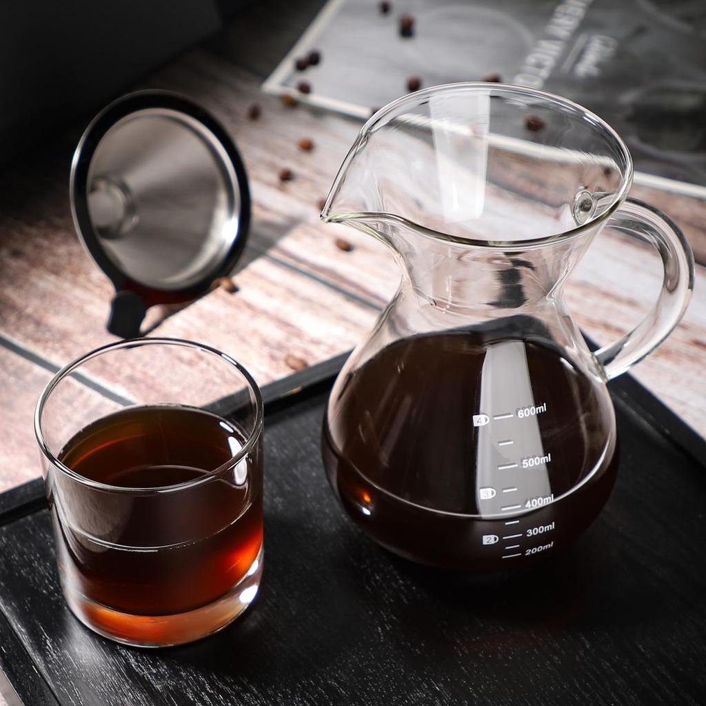 600ml Drip Coffee Server with Filter, Microwave-Safe, No Paper Coffee Filters Required, Includes Cup, Brush, and Graduations