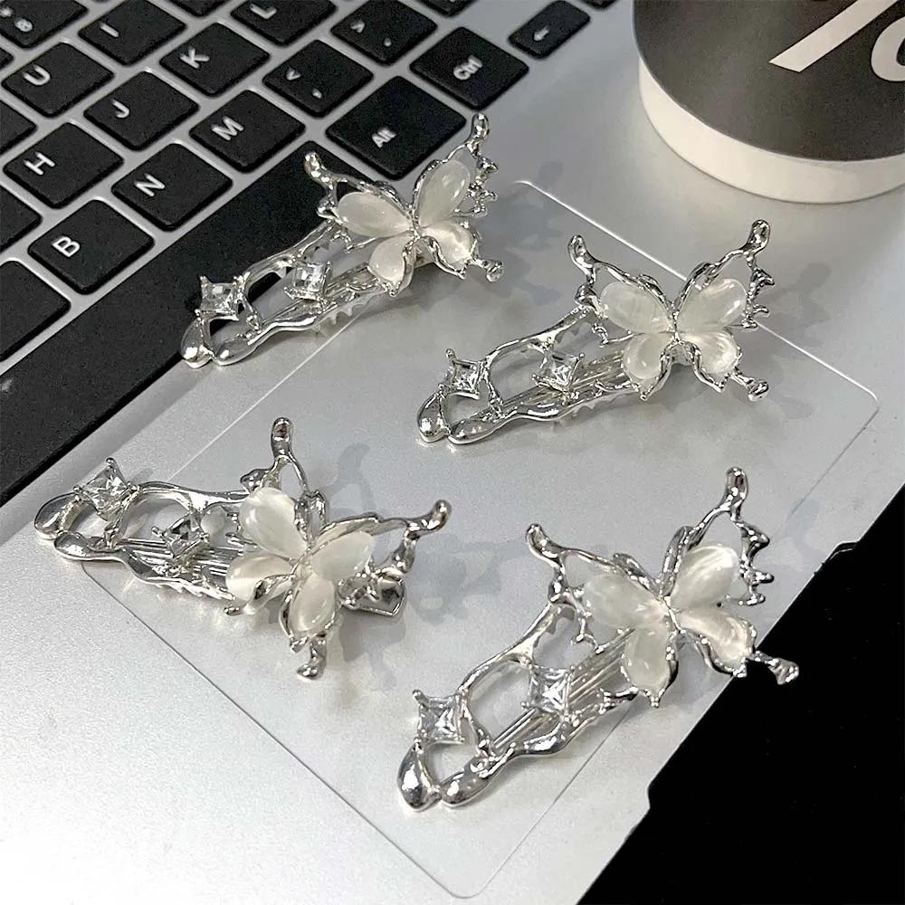 1/4pcs Y2K Irregular Liquid Metal Hairpin Butterfly Zircon Hair Clips Girl Fashion Silver Bang Clip For Women Hair Accessories