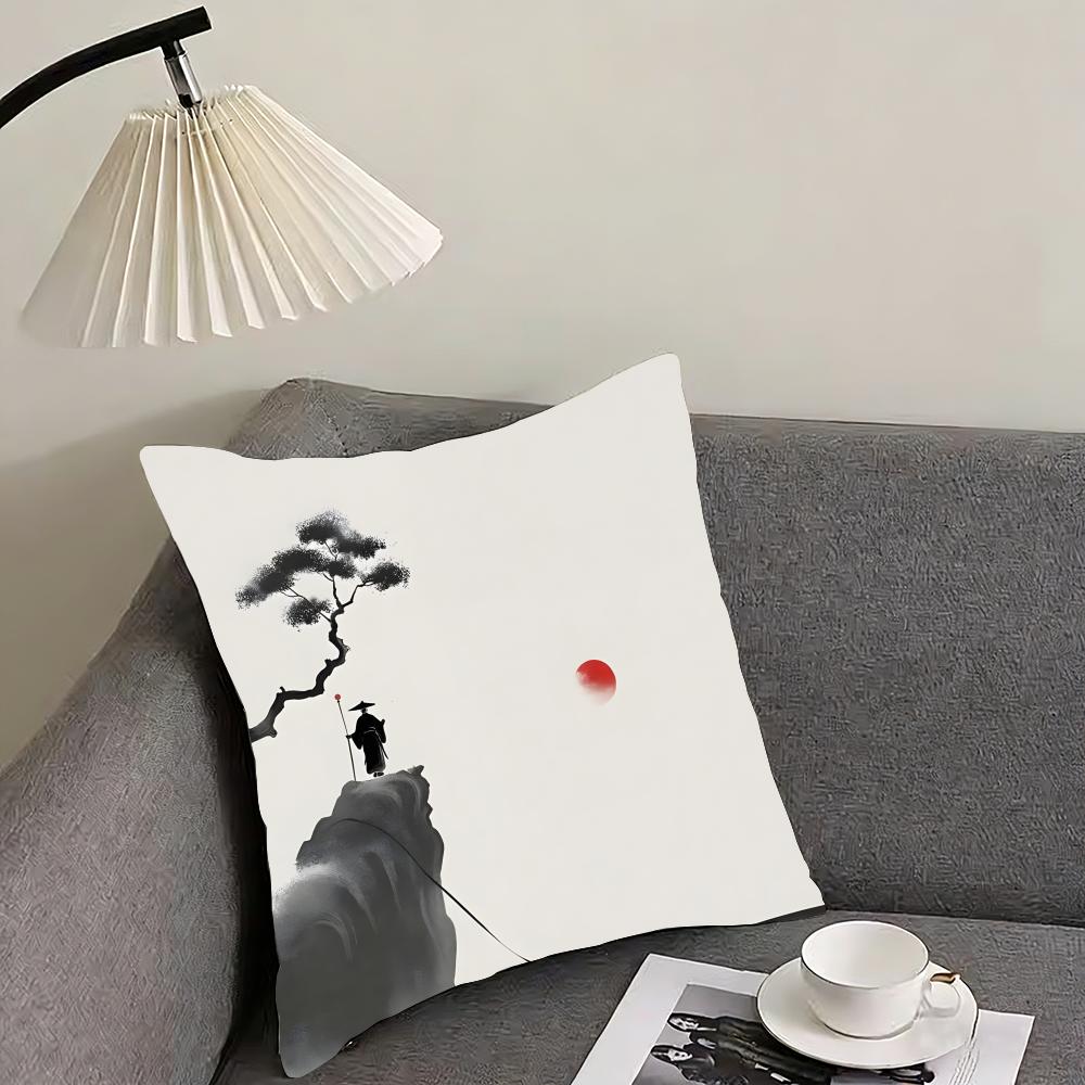 Chinese Ink Painting Style Cushion Cover Reversible Plush Pillow Cover – For Car, Sofa, Bedroom, Perfect As a Gift.