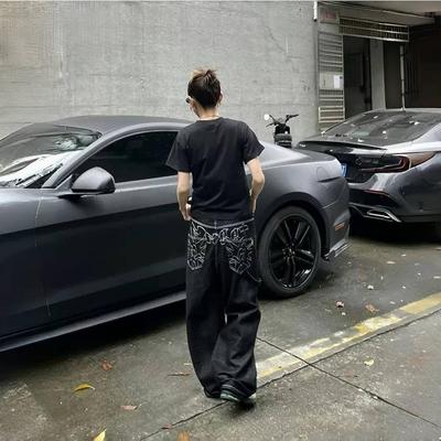 ZYLLO Vintage Embroidery Black Jeans  Oversized Streetwear Grunge Y2k Baggy Denim Trousers Boyfriend Jeans Hip Hop Gothic