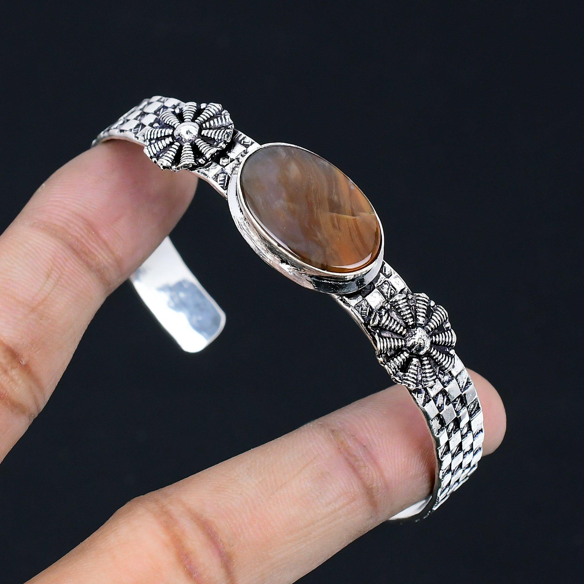 Распродажа ко Дню дружбы Браслет-бенгл из стерлингового серебра 925 пробы с драгоценным камнем Ботсванский агат Adjustable