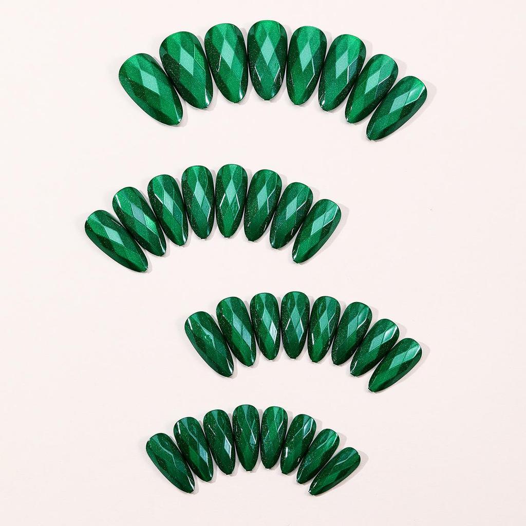 Almond-Shaped 3D Cat's Eye Green Detachable Fake Nails
