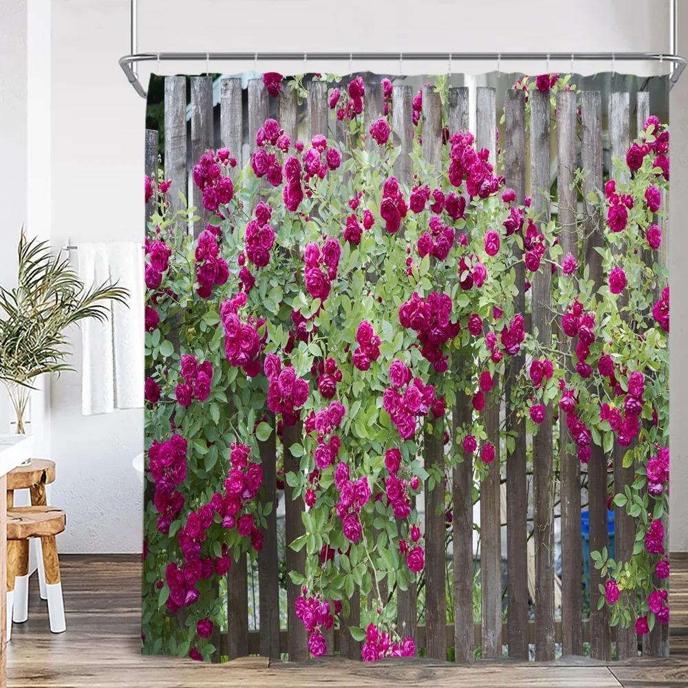 Green Vine Vintage Stone Brick Wall Shower Curtains Set Natural Plants Leaves Flowers Polyester Fabric Bathroom Decor with Hooks