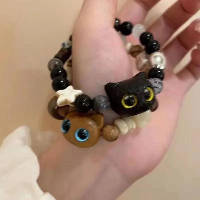 Anime Cute Handmade Beaded Kitten Wooden Bracelet