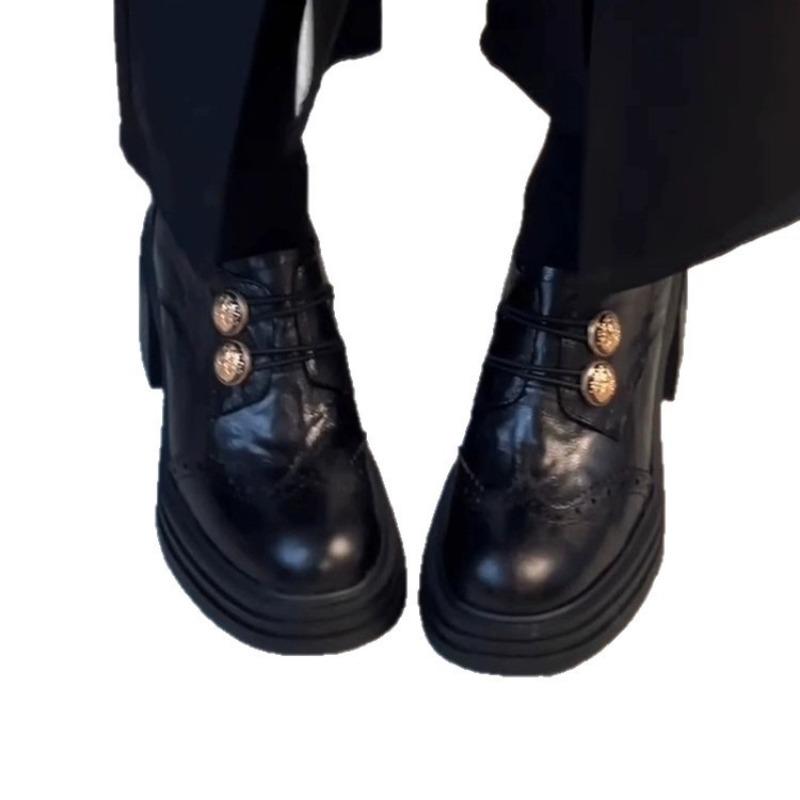 Sheepskin version~ round head thick sole women's new retro buckle black small leather shoes deep mouth single shoes