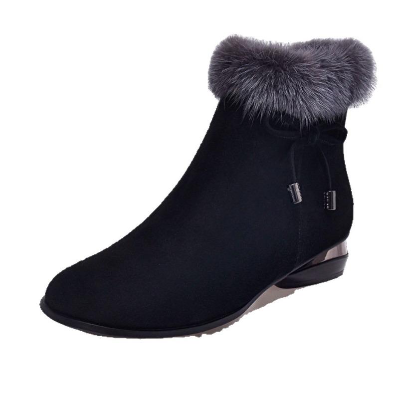 New Comfortable Low-heeled Small Short Boots, Fleece Autumn and Winter Fluffy Shoes, Round Head Suede Matte Soft Leather and Ankle Boots