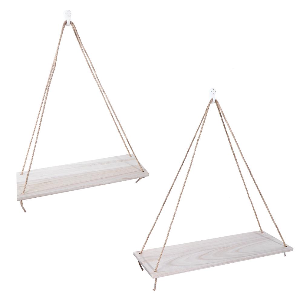 2pcs Wooden Wall Storage Rack Sling Rope Hanging Plant Flower Pot Shelves Home Decorations