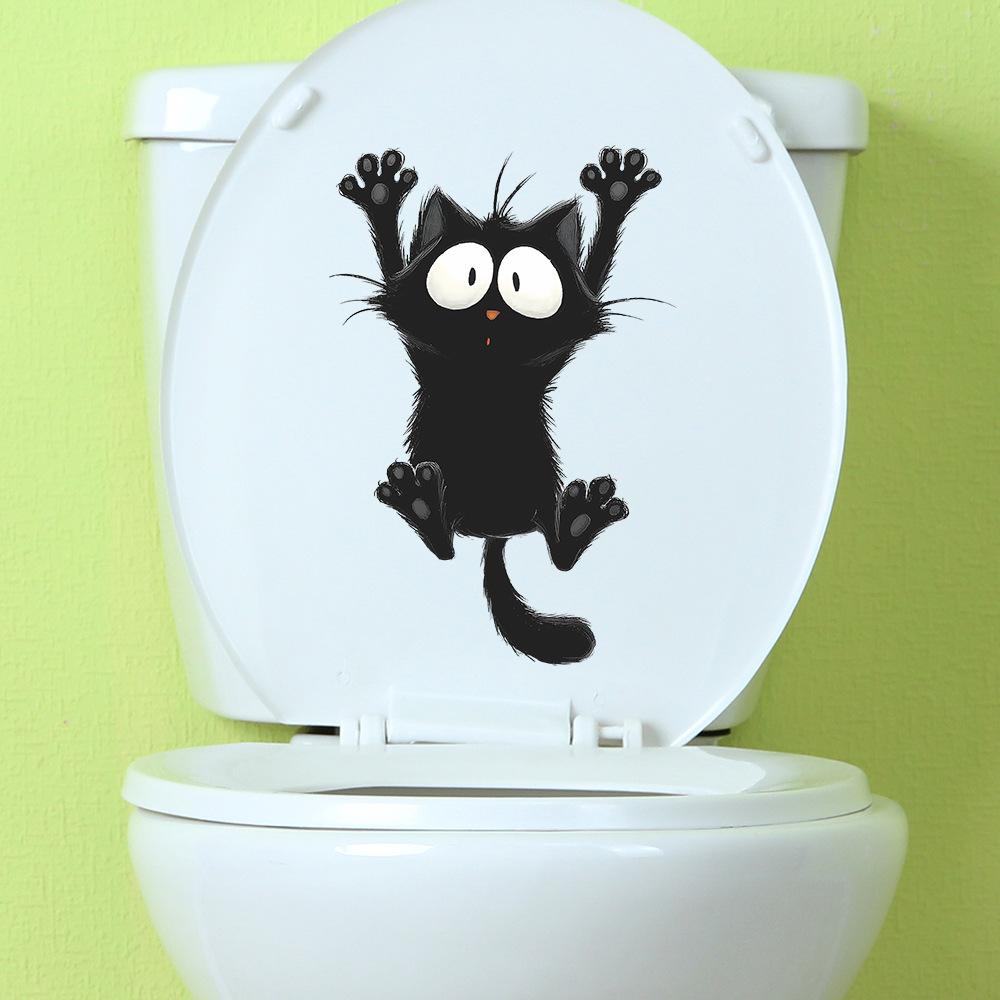 Self-adhesive Cartoon Black Cat Raising Paw Toilet Stickers Wall Decals for Bathroom Home Decor