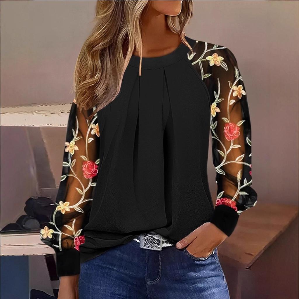 Autumn Long Sleeve Fashion Crew Neck Lace Splicing Shirt Shirt Women's Clothing